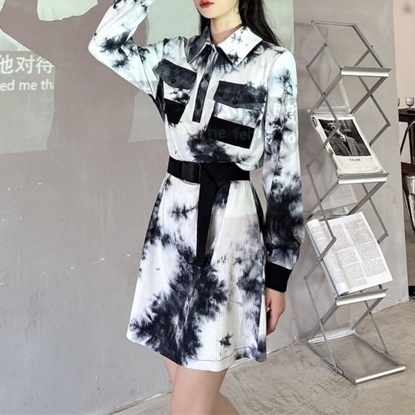 

casual dresses simple dark cool floral patchwork printed streetwear belt long sleeves 2021 spring autumn fashion woman, Black;gray