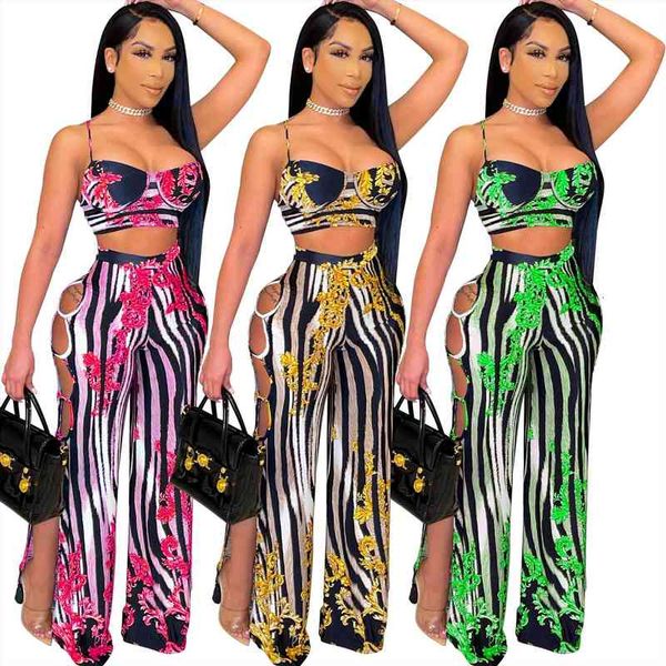 

rt tracksuit two womenpant pieces set crop slit wide legs pants print 2 high street loose halter outdoor, White