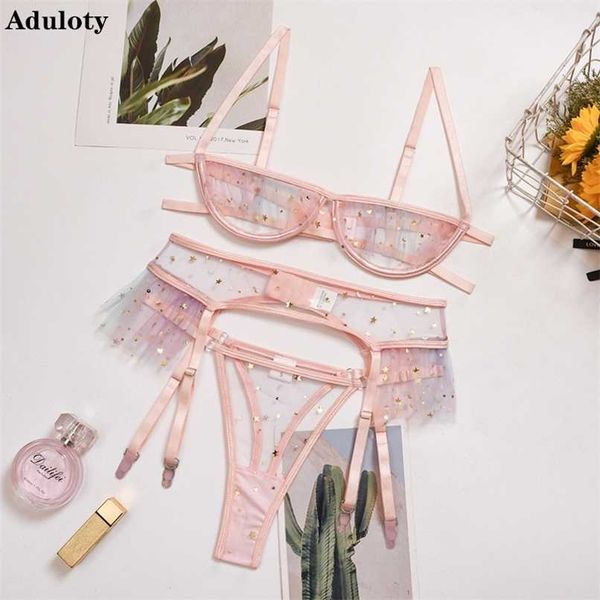 Adoloty Lace Hollow Sexy Bra e Mutandine Set stelle Bright Stars Girl Heart Biancheria intima Abito Contrasto Sequin Maglia Giarrettiera Lingerie Set 211104