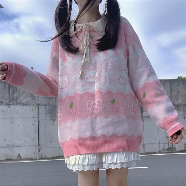 

women's sweaters winter preppy style japanese girl jk pullover kawaii o-neck vintage strawberry bow pattern full sleeve casual knitting, White;black