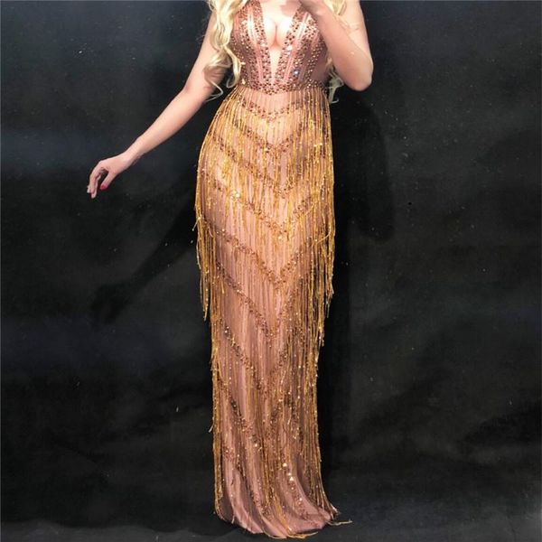 

party decoration s88 ballroom dance costumes singer stage show wears dress tassels crystals rhinestones dresses catwalk performance clothe