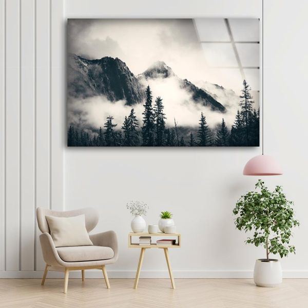 

paintings home decoration glass wall art, oversized and cool hanging, misty mountains view foggy tree art
