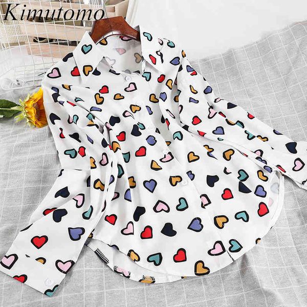 

kimutomo casual heart print blouse ladies turn-down collar long sleeve single breasted shirt outwear fashion spring 210521, White