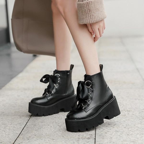 

boots 2021 fashion ribbon lace up punk gothic platform ankle biker combat for women black goth lady wede shoes autumn