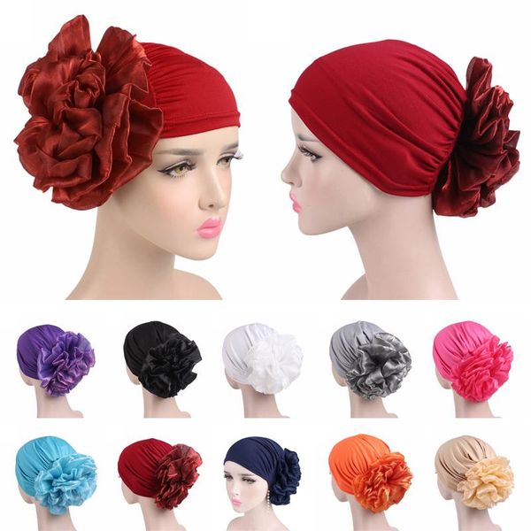 

ethnic clothing women fashion accessories hijab cap milk silk flower turban big headband elastic hair loss muslim hats 10 colors, Red