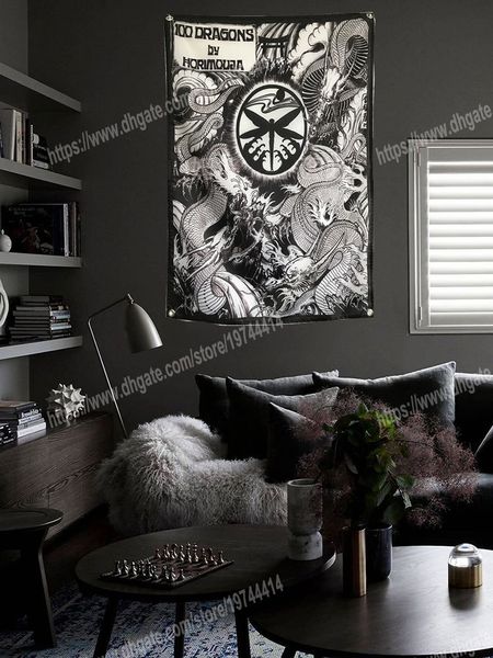 100 Draghi Tatuaggio giapponese Poster Bandiera Banner Decorazione domestica Bandiera appesa 4 Gromments negli angoli 35FT 96 * 144 cm Pittura Wall Art Print Poster