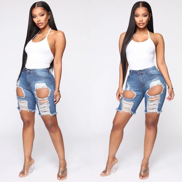 

women jeans ladies denim pants shorts solid color ripped destroyed stretchy high waist bleach casual zipper buttons frayed by hand lx, Blue