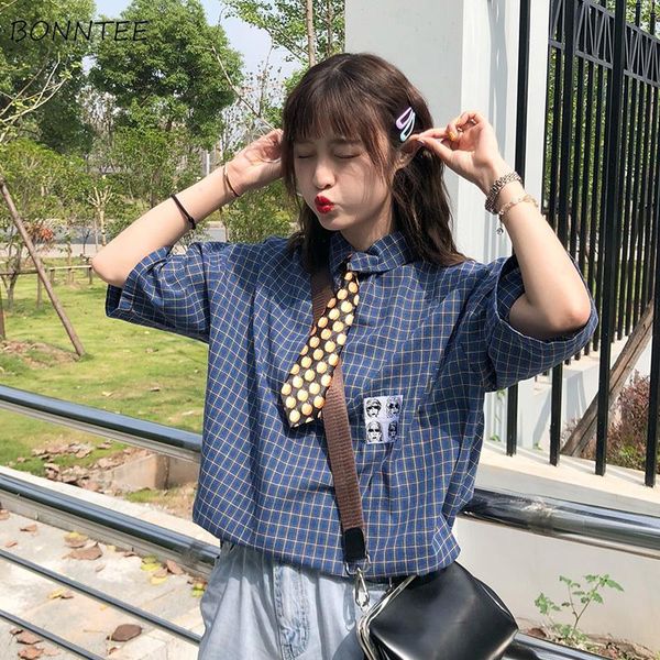 

women's blouses & shirts women plaid daily korean style all-match loose short-sleeved trendy womens clothing student casual sum, White