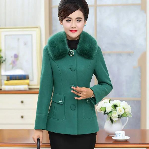 

women's wool & blends autumn winter short woolen jacket women elegant faux fur collar blend coat mom's plus size overcoat solid co, Black