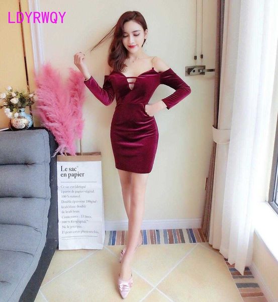 

korean nightclub women's low-cut chest perspective hip long-sleeved dress 210603, Black;gray