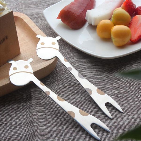 

1pcs stainless steel cartoon giraffe fork cute mini creative fruit dessert set tableware spoon for kids forks