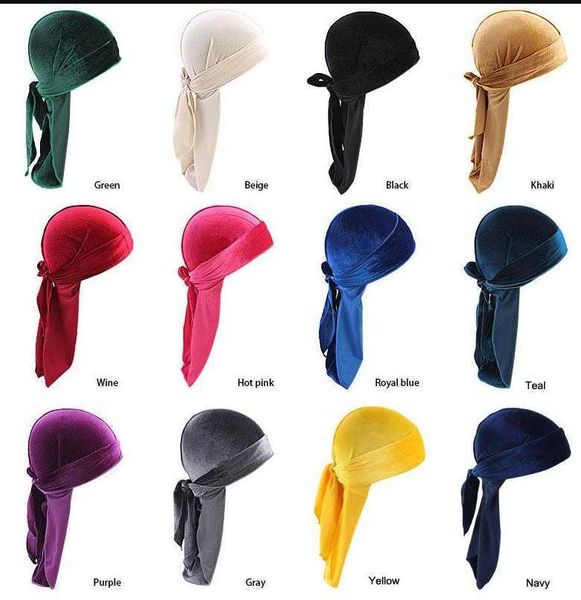

luxury velvet durags bandana turban hat pirate caps wigs doo durag biker headwear headband pirate hat hair accessories12 colors, Blue;gray