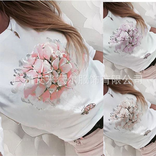

tees t-shirt 2021 spring and summer women's loose floral print round neck long sleeve t-shirt, White