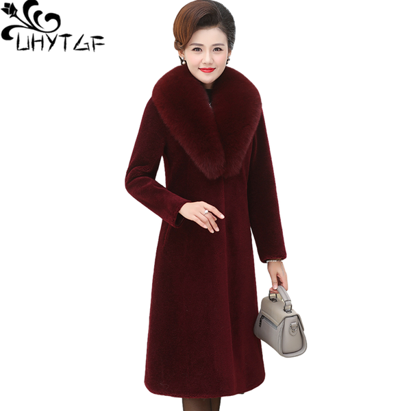 

women's fur & faux uhytgf quality sheep shearing winter coat women luxury collar mid-length wool casual warm jacket 5xl plus size 1422, Black