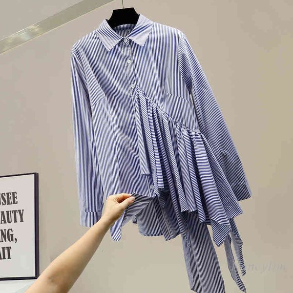 

blouses irregular ruffled hem blouse woman personality trendy single-breasted mid-length shirt female lady streetwear long blusas top, White