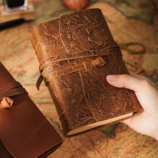 

thick floral genuine leather journal 400p blank paper sketchbook hand made band notebook 165mm*115mm*40mm notepads, Purple;pink