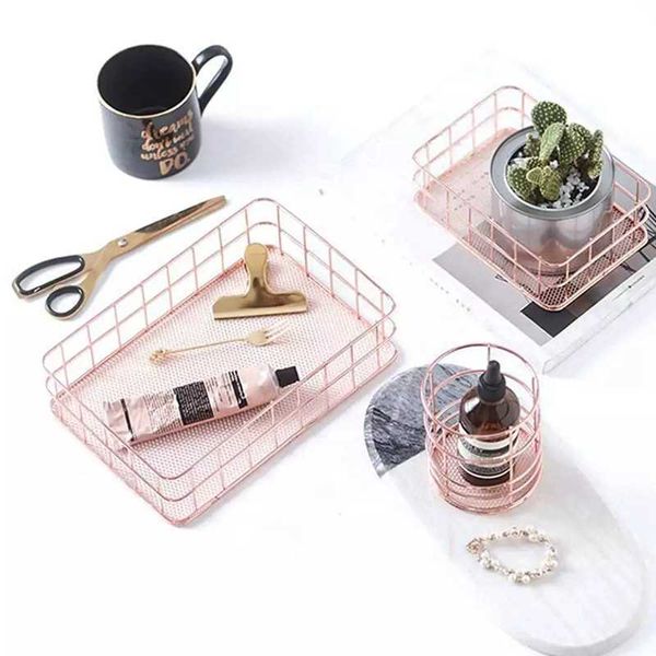 Rose Gold Armazenamento Cesta Cosméticos Organizador Maquiagem Brush Holder Fio De Metal Coleção Coleção Banheiro Prateleiras 210609