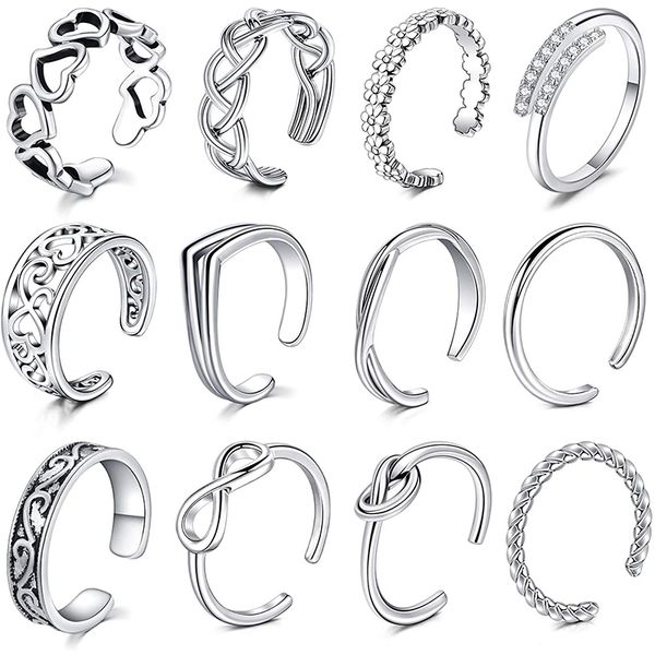 

3-12pcs open rings adjustable toe band ring set finger foot jewelry for women men 12pcs, Silver