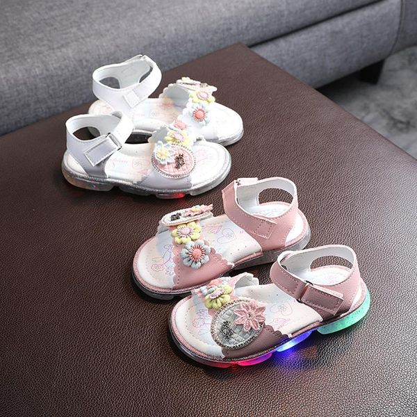 

sandals toddler kids baby girls summer solid flower pearl floral led lighting infant non-slip soft sole lovely princess shoes, Black;red