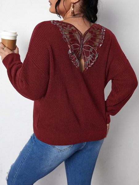 

plus butterfly embroidery back drop shoulder sweater e3gf#, Black