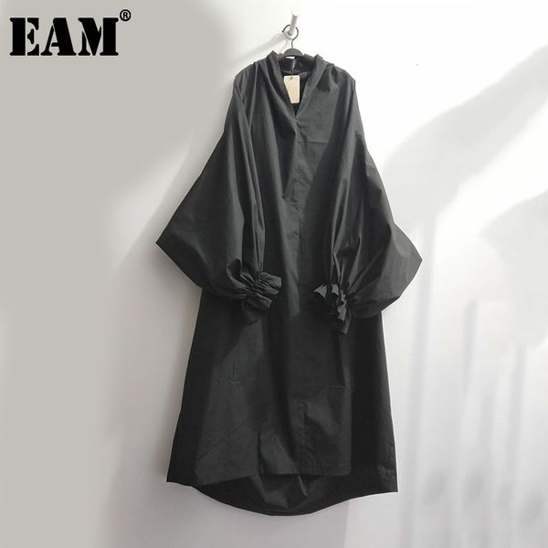 

[eam] spring summer woman stylish black color pleated long puff sleeve v neck long loose draped big size dress lg029 21512, Black;gray
