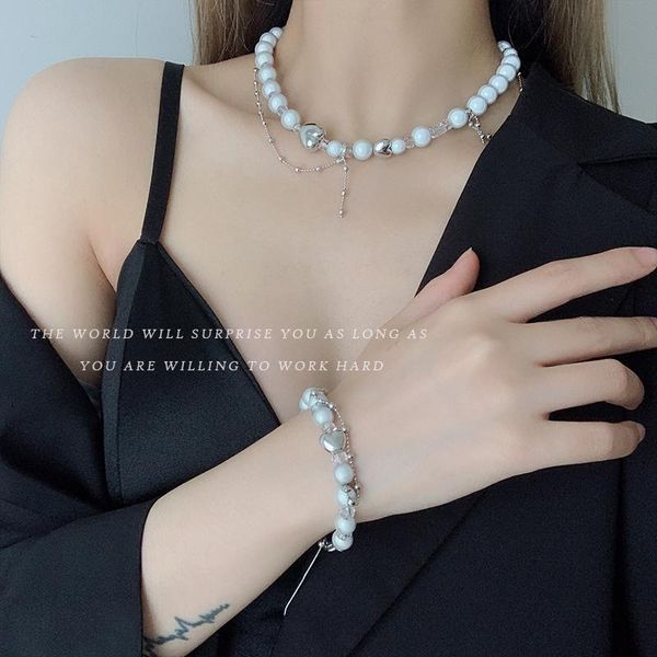 

chains pearl necklace female light luxury design sense tassel clavicle chain bracelet women accessories, Silver
