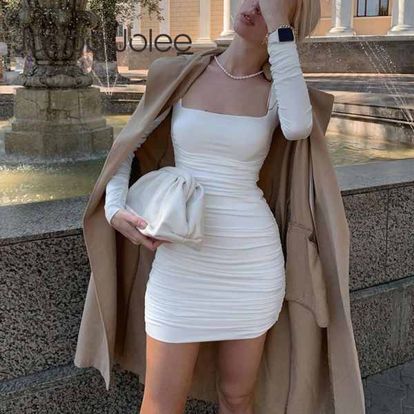 

women long sleeve square collar bodycon mini dress elegant solid bandage pleated party club 210428, Black;gray