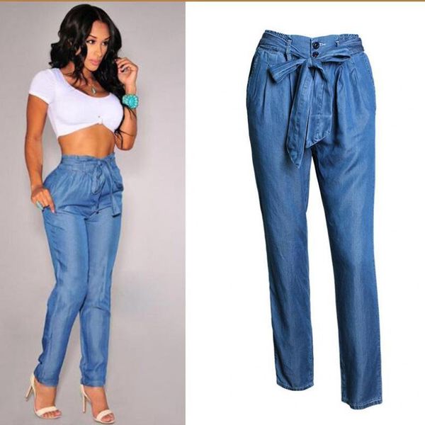 

women's jeans women elastic high waist drawstring bow loose straight slim fit push up hip denim pants korean woman clothes jean trouser, Blue
