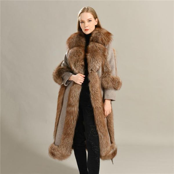 

women's wool & blends women coat luxury real fur collar autumn and winter arrival double face long with belt, Black