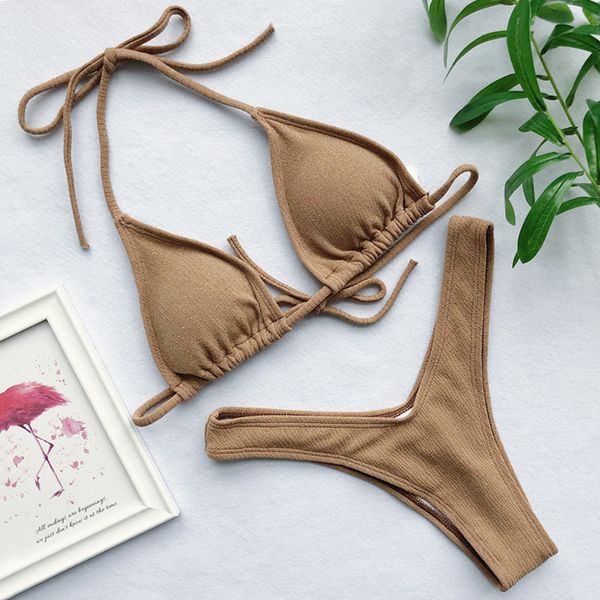 

shiny brazilian bikini 2021 ribbed swimsuit female swimwear women two-pieces bikini set halter bather bandeau bathing suiting