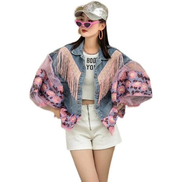 

women's jackets brand women jacket pink sweet floral yarn embroidery tassel stitching lantern sleeve short denim coat autumn 20, Black;brown