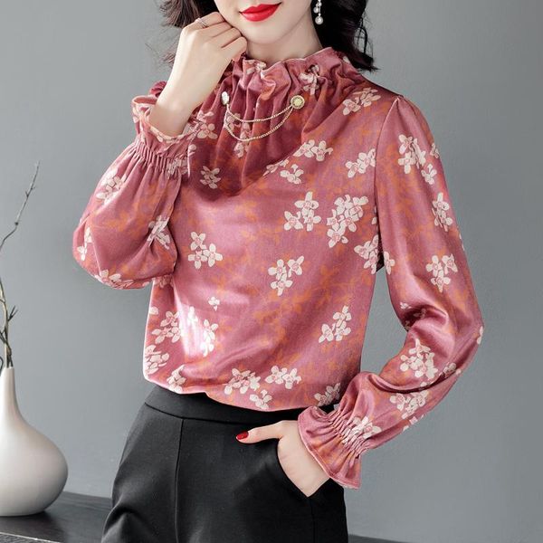 

women's blouses & shirts summer half high collar shirt long sleeve printed blouse girl golden velvet casual fashion thicken lady, White