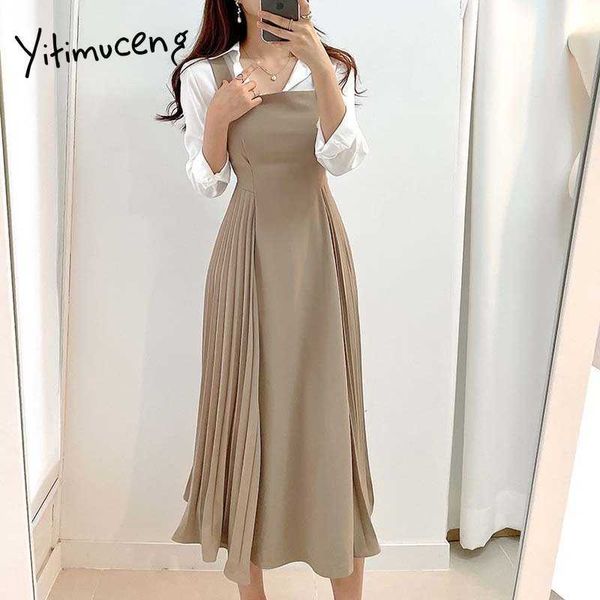 

yitimuceng midi spaghetti strap dresses women summer ruched high waist a-line unicolor black khaki korean fashion dress 210601, Black;gray