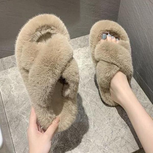 

slippers women fur winter shoes big size home slipper plush pantufa indoor warm fluffy cotton mujer pisos q7, Black