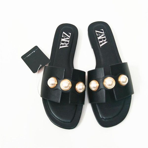 

slippers large size 41-42 women pearl flat heel outside 2021 beach party dresses shoes thin belt roman casuals falt, Black