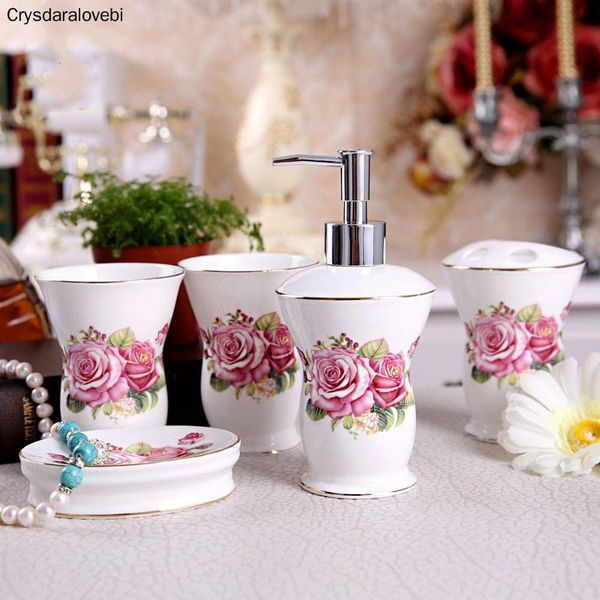 

bath accessory set rose pattern ceramic bathroom five-piece suit accessories european wedding gift garden supplies kit