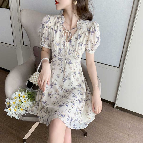 

bubble french sleeve floral drs women's 2021 korean first love small waist slim a-line short skirt, Black