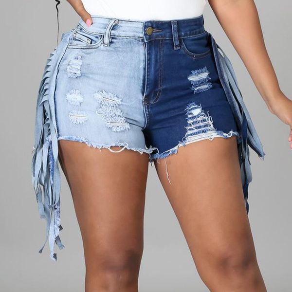

women's shorts rmsfe 2021 zipper button fashion casual contrast tassel hole jeans, White;black
