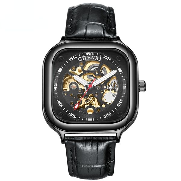 

square creative fashion new automatic hollow watch men's genuine waterproof mechanical watch men (black belt 304l), Slivery;brown