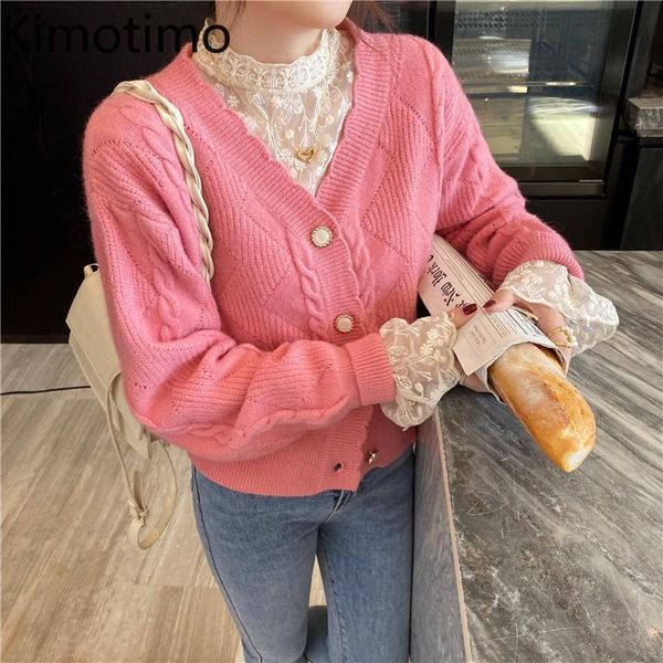 

women's knits & tees kimotimo twist knit cardigan women 2021 fall fashion v-neck long sleeve cropped sweater korean chic sweet temperam, White