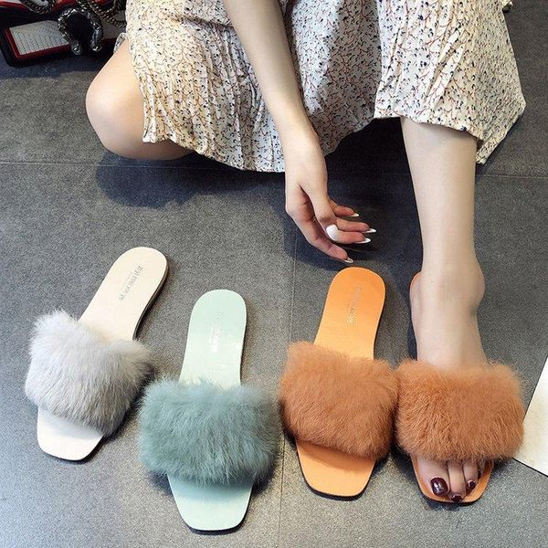 

slippers flat with winter women fur open toe outside cross-tied shoes concise elegant solid slides, Black