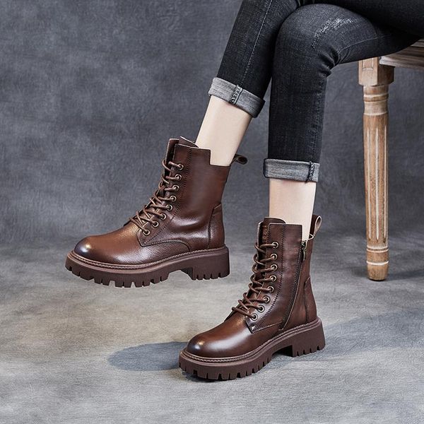 

boots 2021 genuine leather autumn winter fashion woman vintage style casual shoes lace-up warm plush motorcycle, Black
