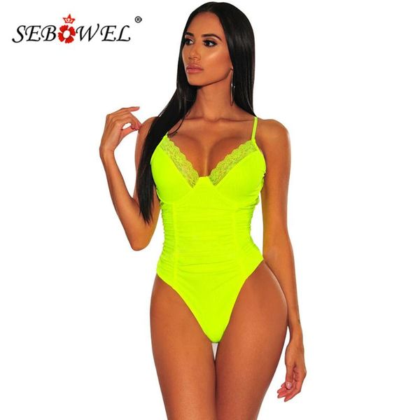 

women's jumpsuits & rompers sebowel summer sleeveless black/neon yellow bustier lace ruched bodysuit for woman ladies bodycon skinny bo, Black;white