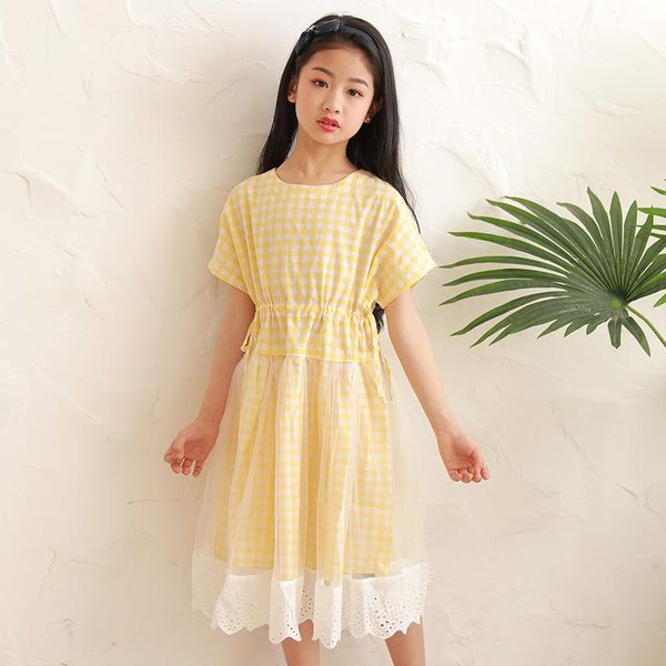 

to 14 years kids and teen girls summer plaid mesh patchwork dress 2021 korean children cotton casual clothing, #9431 girl's dresses, Red;yellow