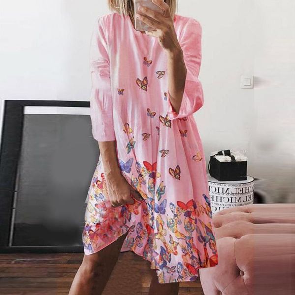 

casual dresses butterflies print beach dress women 3/4 sleeve o-neck knee-length ladies loose a line robe femme vestidos, Black;gray
