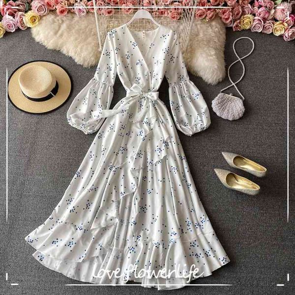 

spring autumn v neck a line lantern sleeve dress floral print high waist mid calf women party dresses 210521, Black;gray