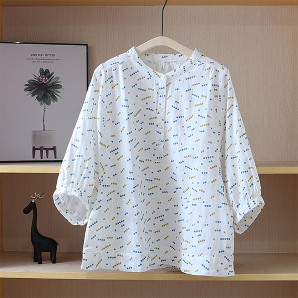 

women's blouses & shirts lamtrip polka dots print soft cotton yarn short lantern sleeve stand collar shirt 2021 summer qr8e, White