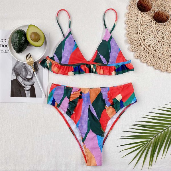 

colorful ruffled frilled high waist bikini female swimsuit women swimwear two-pieces bikini set bather bathing suit swim k2882