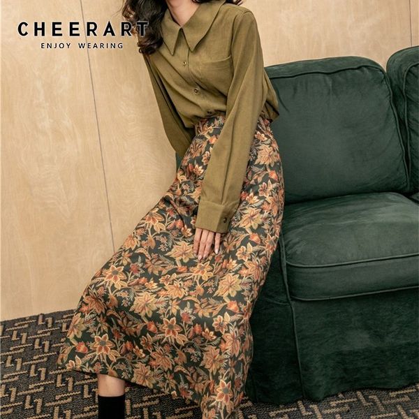 

vintage gold floral long midi skirt women high waist a line ladies autumn korean fashion clothing 210427, Black