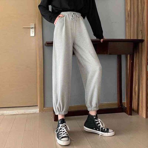 

women high waist drawstring jogging pants plus size female fashion solid color loose harem trousers ladies casual pants, Black;white